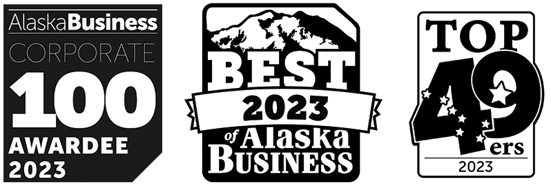 Alaska Business Corporate 100 Awardee 2023 badge, Best of Alaska Business 2023 badge, and Top 49ers 2022 badge