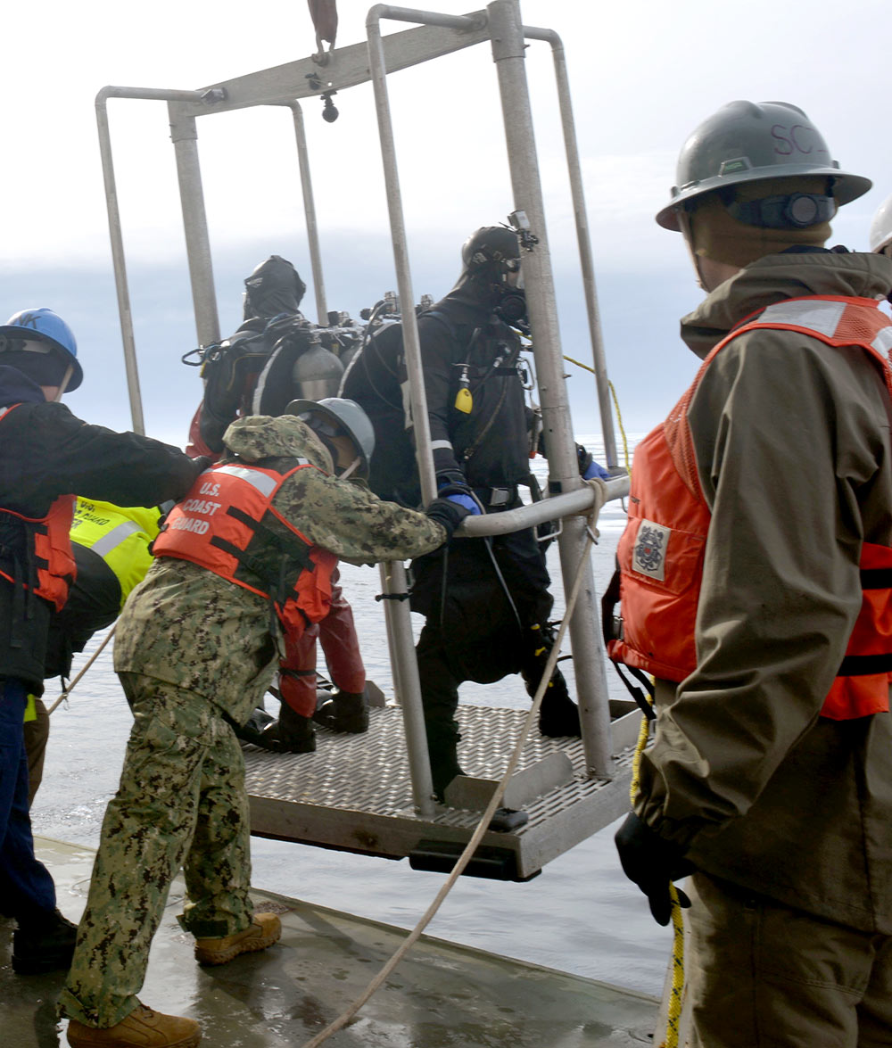 US Coast Guard divers are lowered into the Arctic Ocean from USCGC Healy in 2017