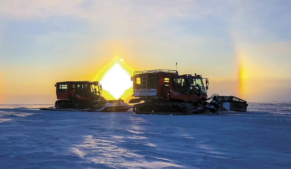 caravan moving as the sun sets