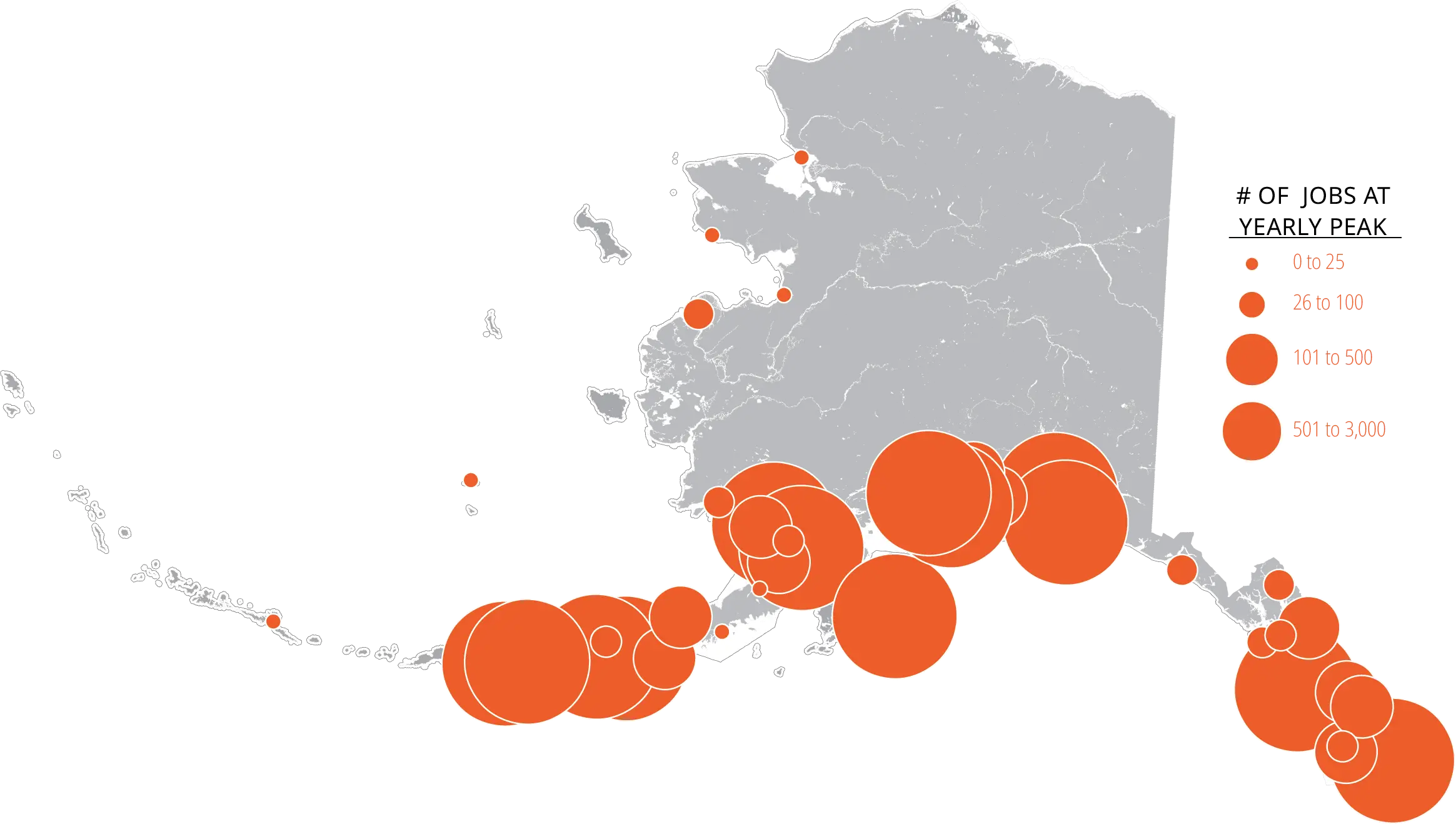 map of Alaska with orange circles marking cities and the number of jobs at the yearly peak