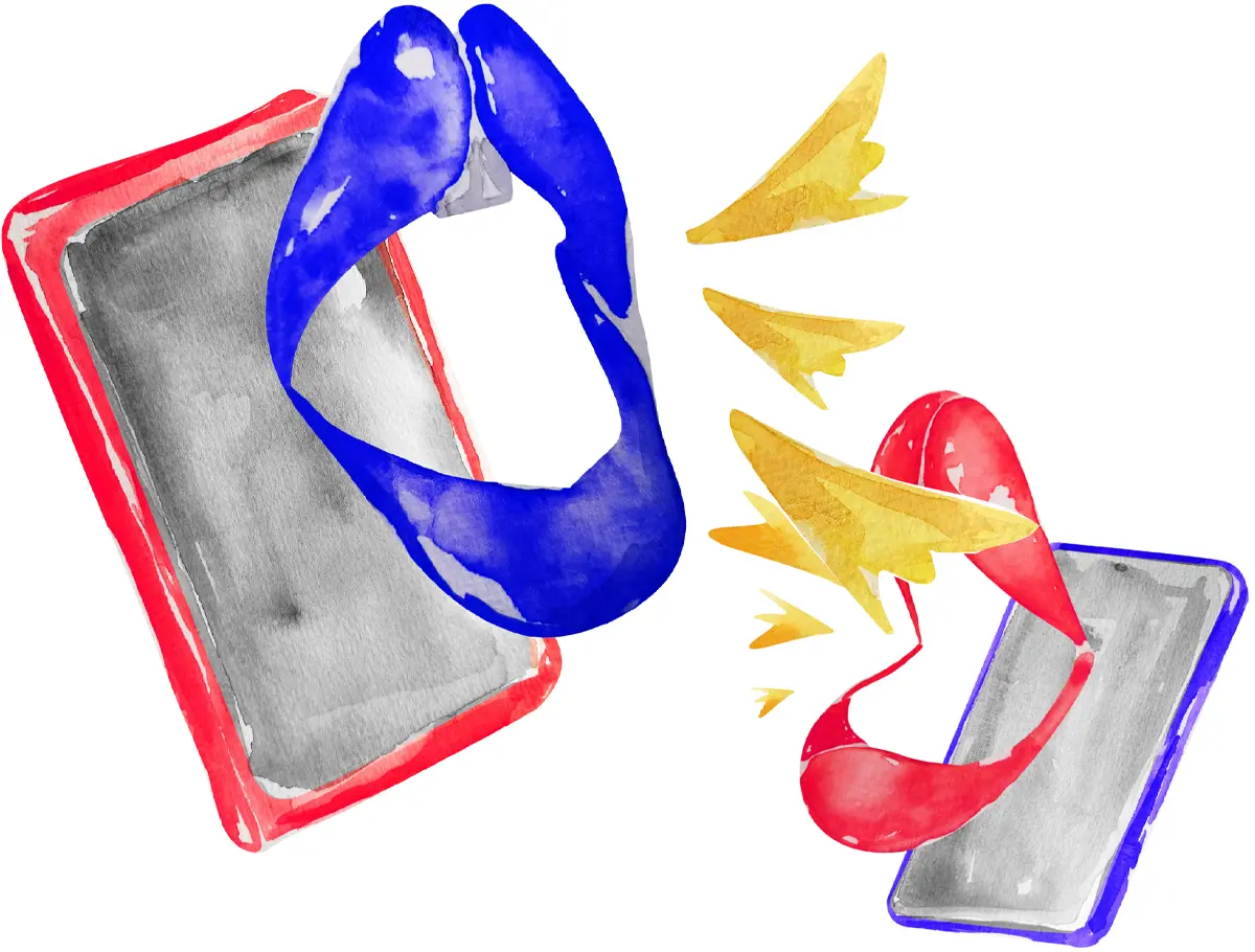 watercolor illustration of two smartphones each with a different colored mouth floating in front of their screens, the mouths sit open as if talking