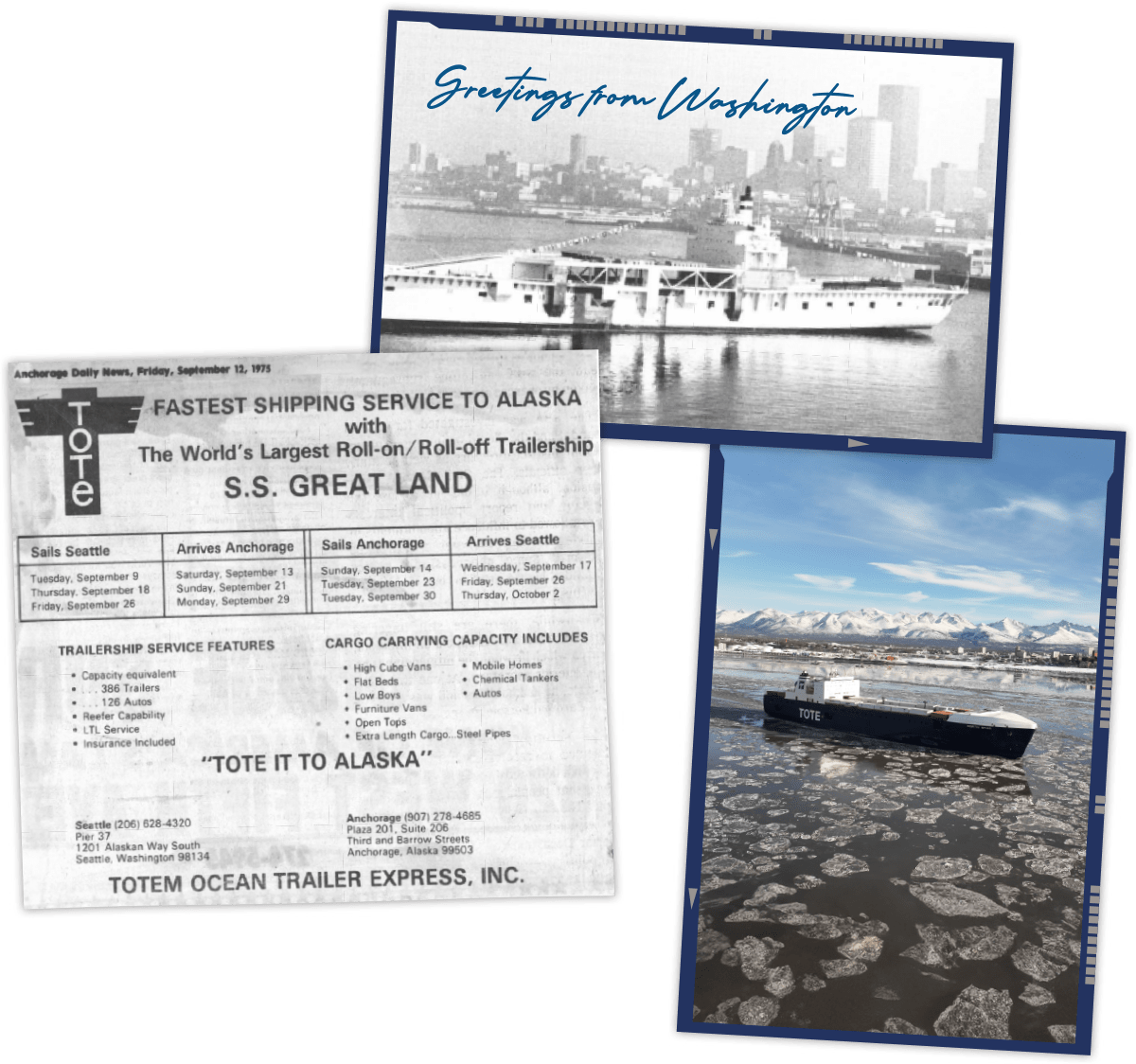 postcard, shipping flyer, and photograph of shipping boat in Alaskan waters