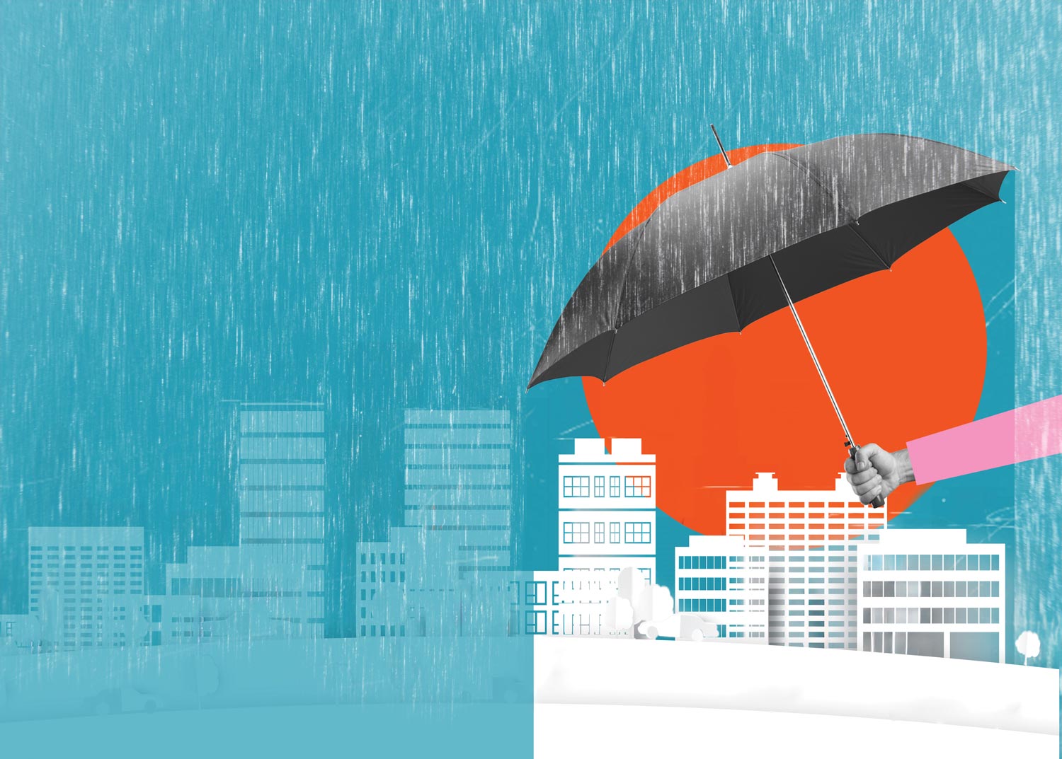 A hand grips an umbrella, shielding a vibrant cityscape from the elements