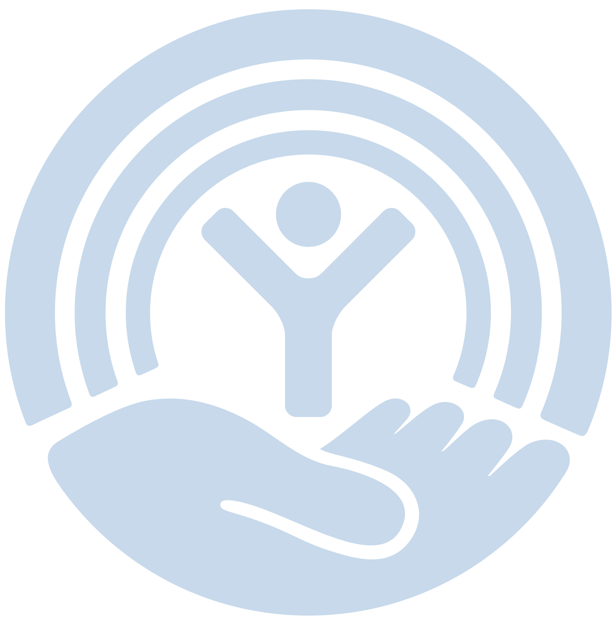 Vector minimalist illustration logo of the United Way logo showing a palm hand holding a tiny miniature person shaped figure