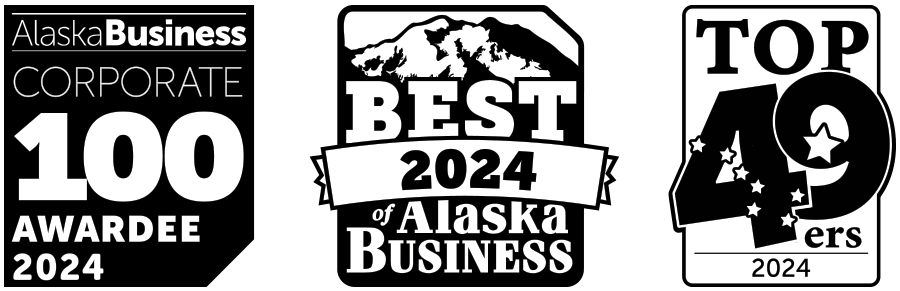 AlaskaBusiness Corporate 100 Awardee 2024 badge emblem logo, Best of Alaska Business 2024 badge emblem logo, and Top 49ers 2024 badge emblem logo