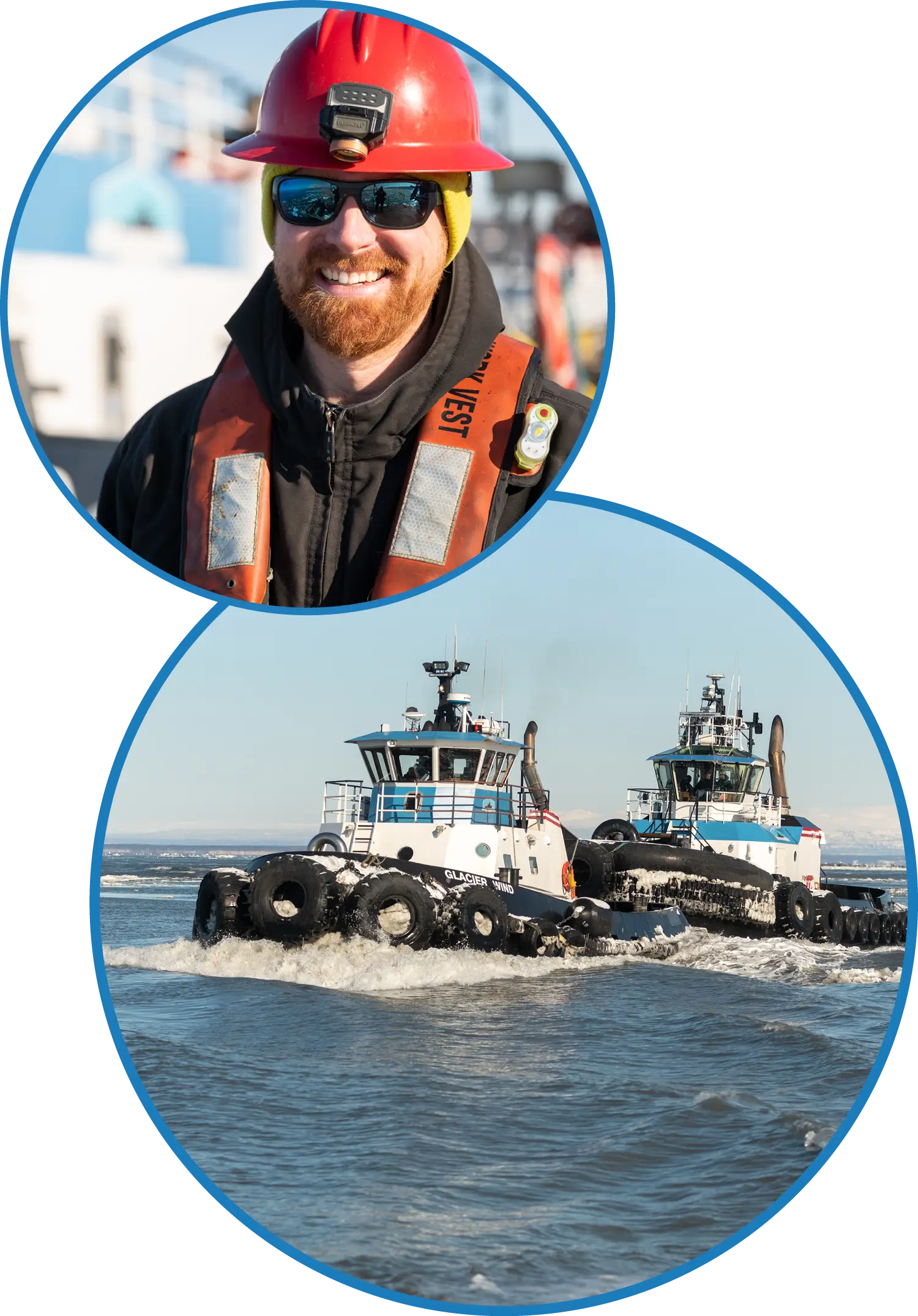 construction worker headshot; tug boats on the water