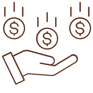 Outline of a hand with three coins falling into the palm, each coin featuring a dollar sign.