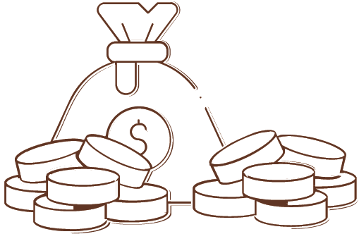 Outline of a large bag with a dollar sign on it surrounded by stacks of coins.