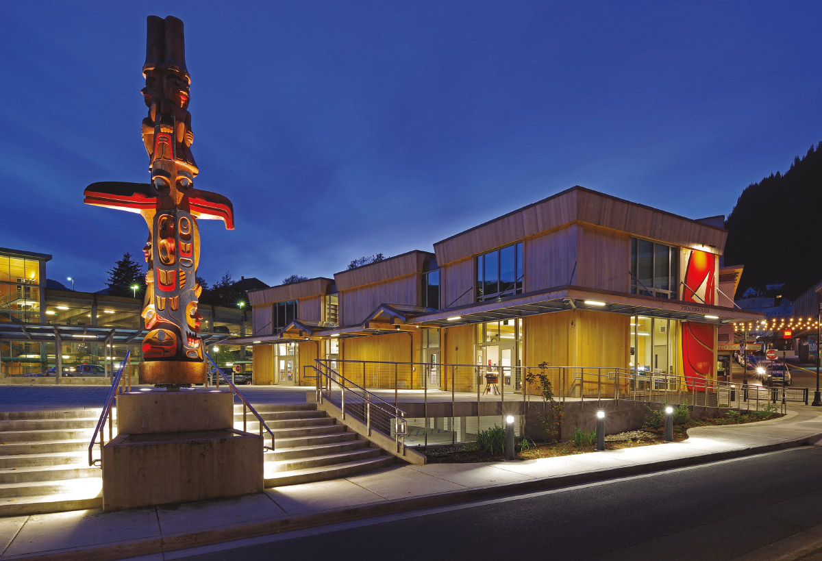 outside view of Sealaska Heritage Institute's Arts Campus and plaza in downtown Juneau at dusk
