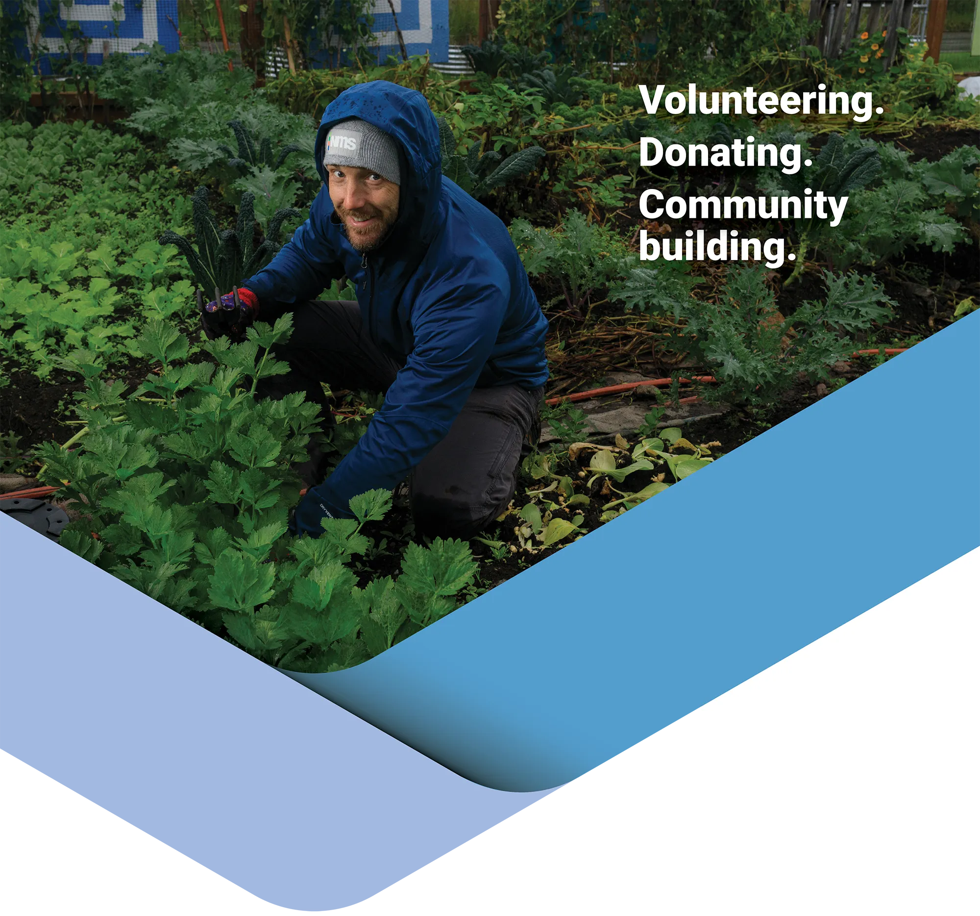 A man in a blue jacket and gray beanie works in a green vegetable garden, smiling as he tends to plants. The words 'Volunteering. Donating. Community building.' appear in white text over the garden area on the right side of the image.