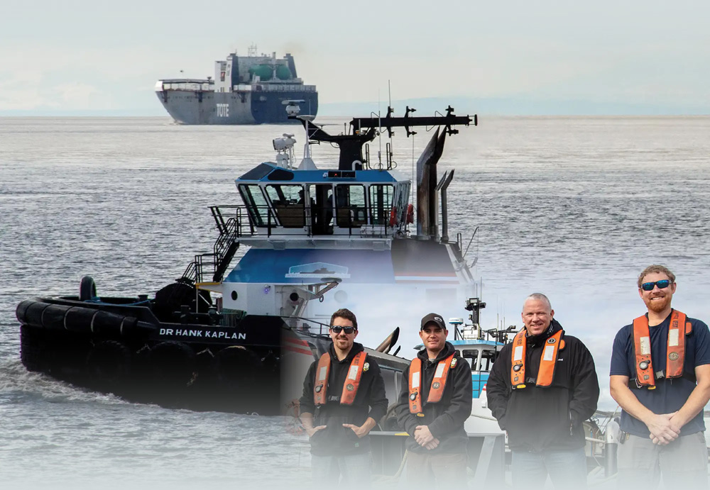 DR Hank Kaplan tug boat; four men wearing orange life vests while on a boat