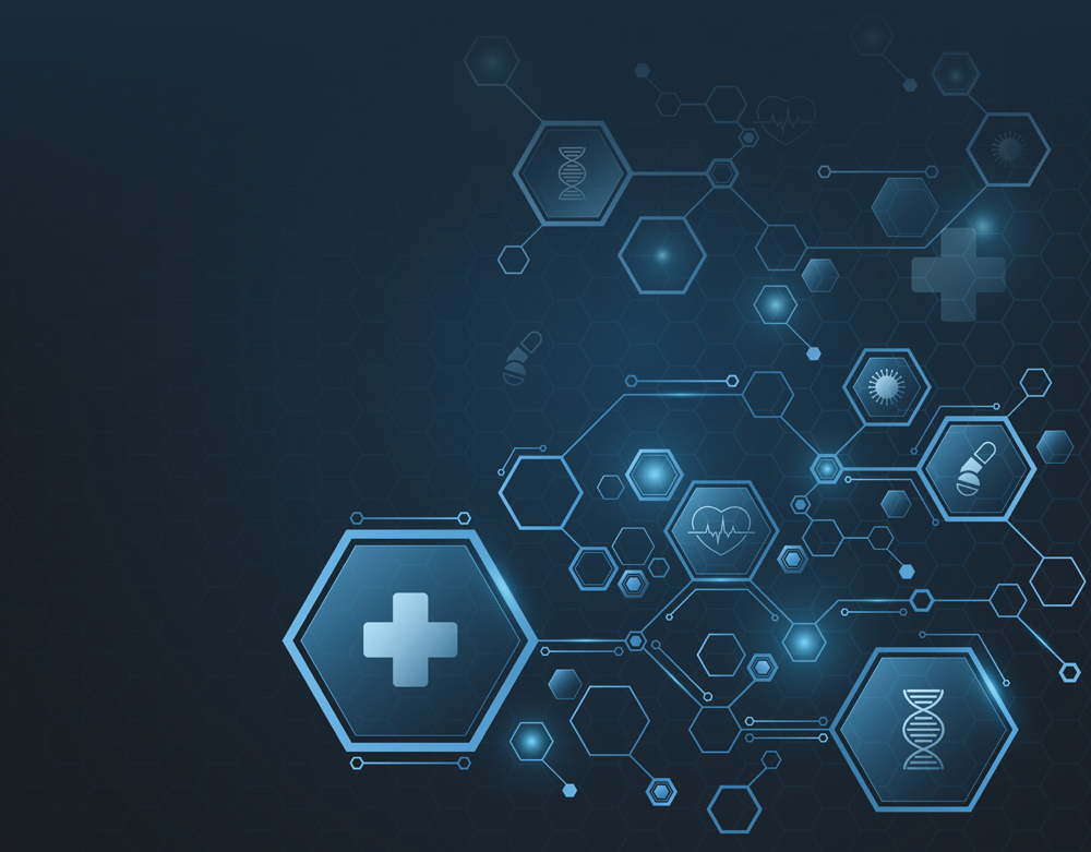 Digital healthcare and technology background with interconnected glowing hexagons and medical symbols.