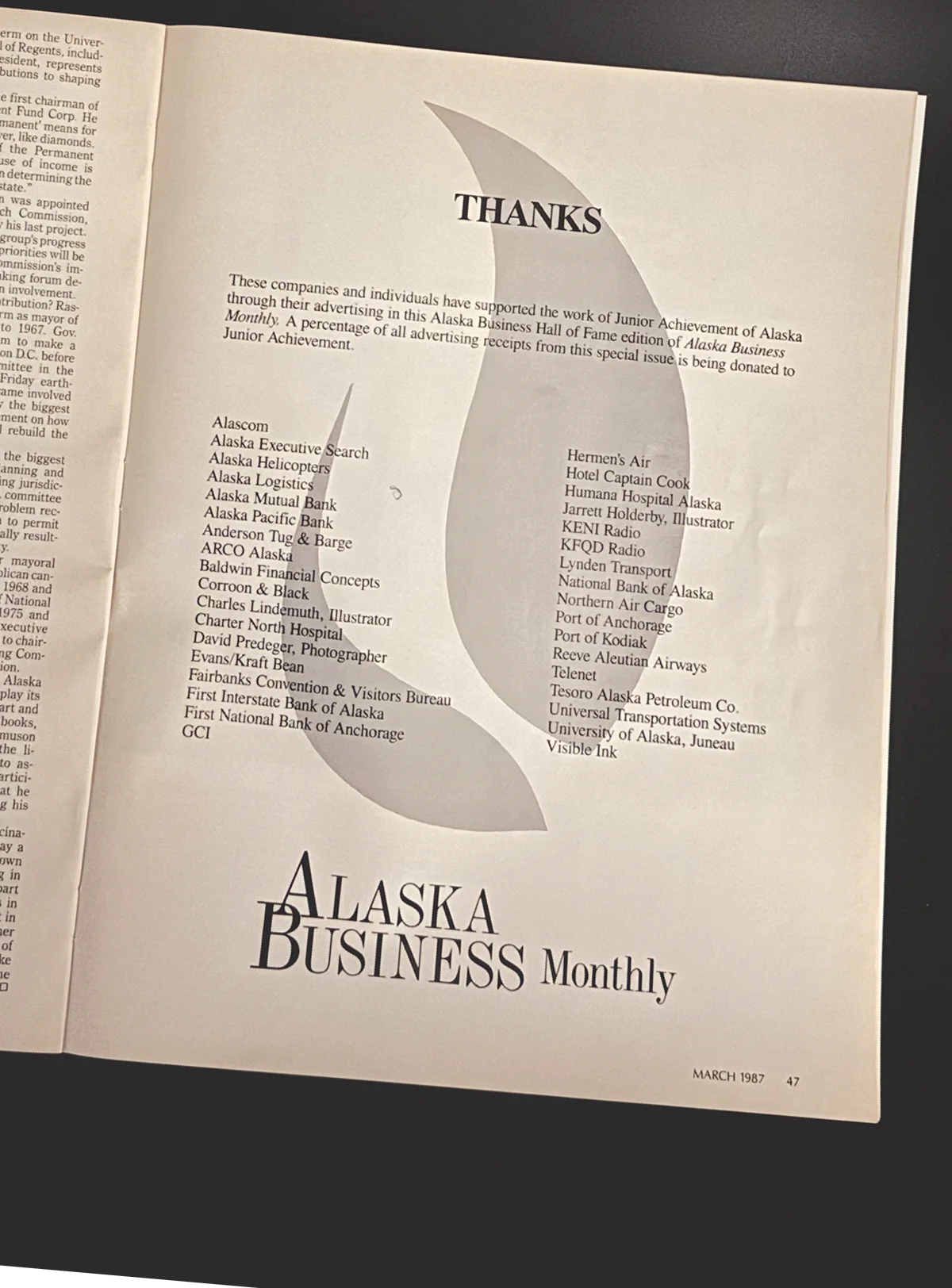Magazine page with a "Thanks" section, graphic design, and the title "Alaska Business Monthly."