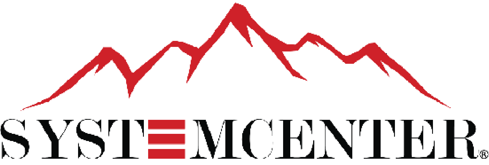 Logo for System Center featuring a stylized red mountain range above the company name in black text, with the letter "E" represented by three horizontal red bars.