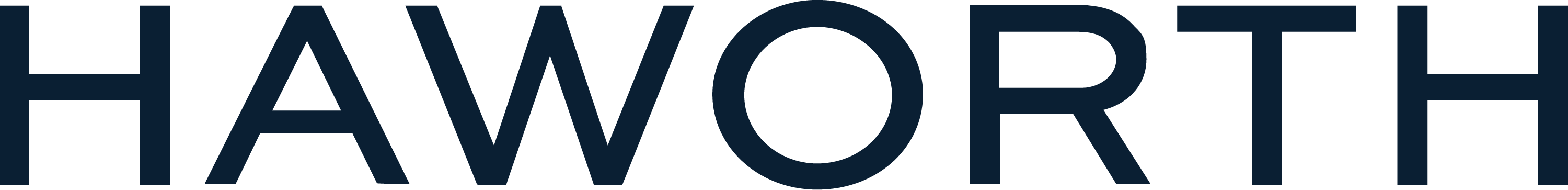 Logo for Haworth, displayed in bold uppercase navy blue letters on a transparent background.