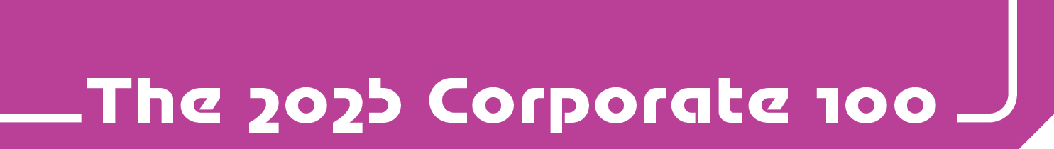 Magenta banner with white rounded corner design and white text reading “The 2025 Corporate 100.”