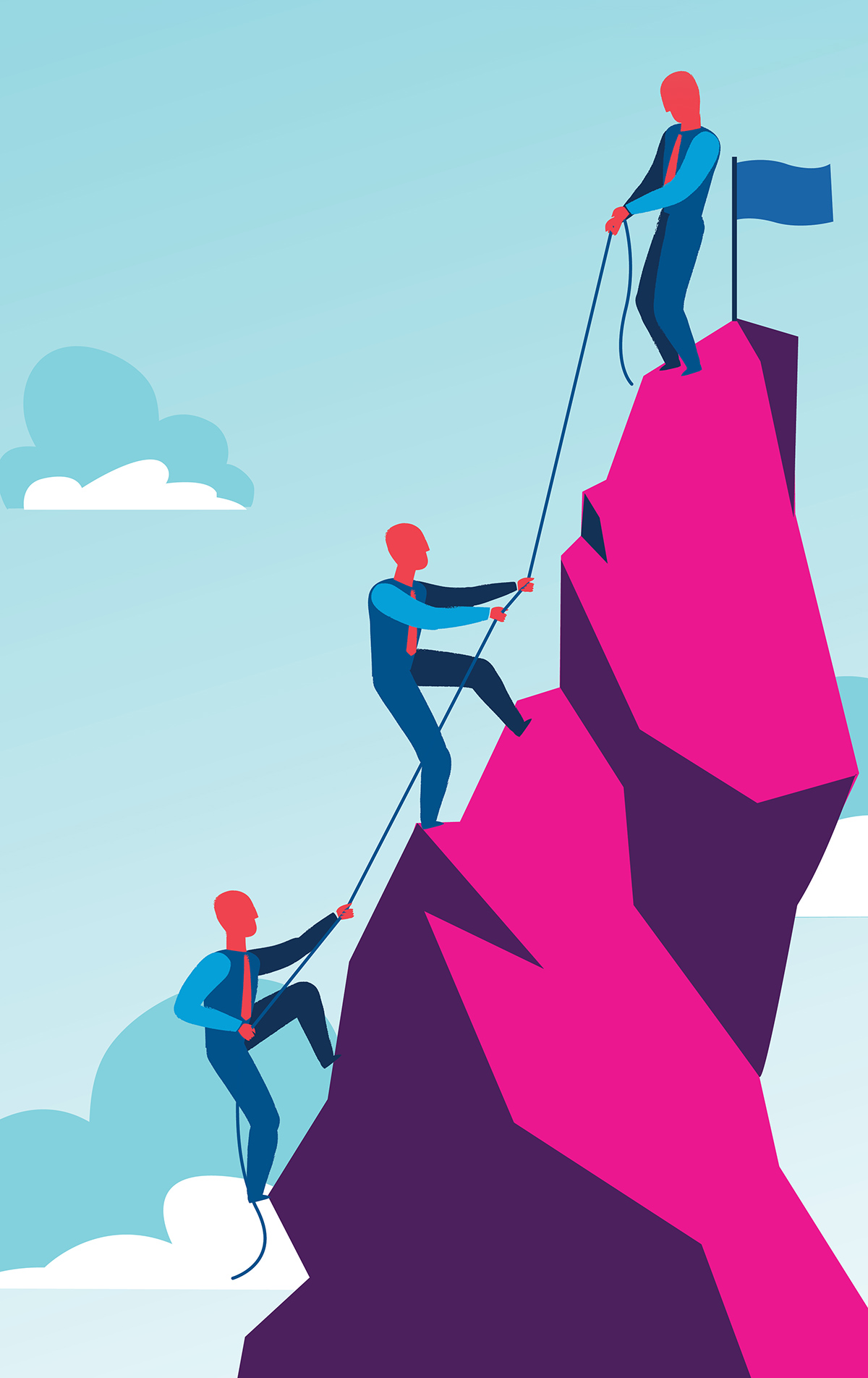 digital illustration of business leader at top of mountain with flag pulling up two others below