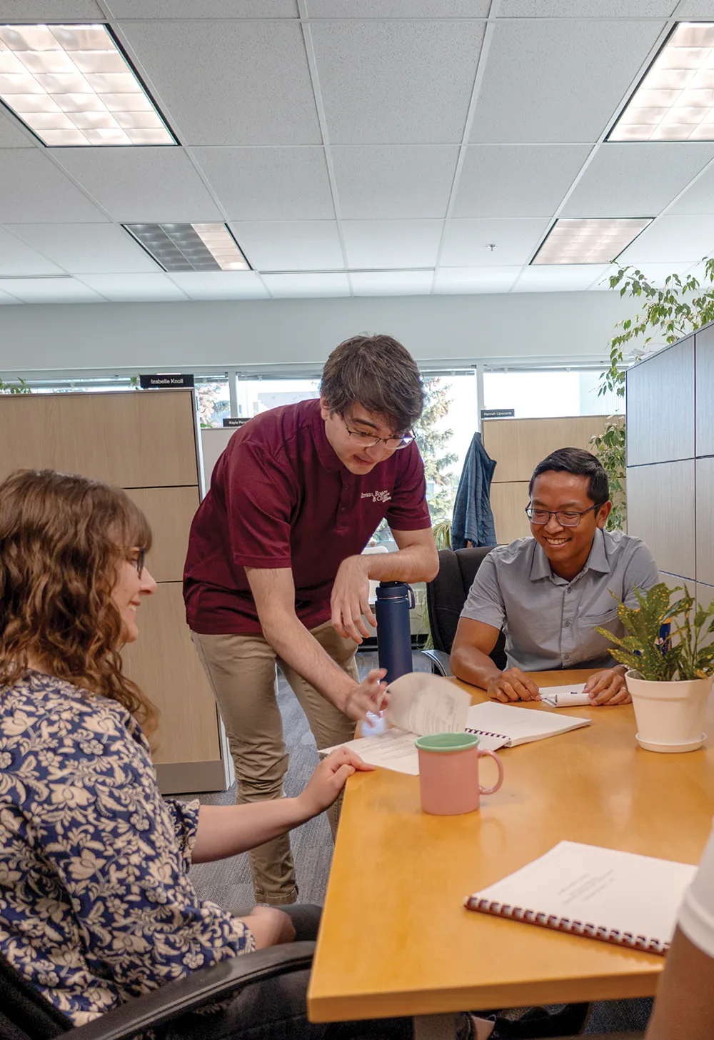 Three people collaborating at an office table with documents and a plant.