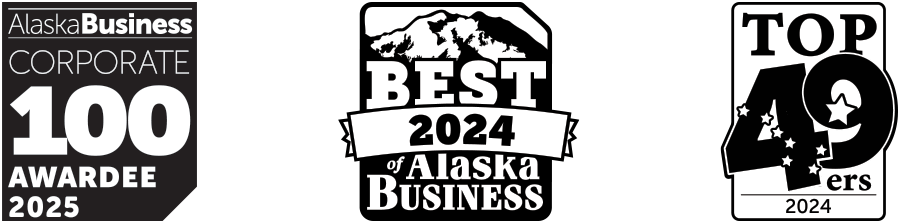AlaskaBusiness Corporate 100 Awardee 2025 badge emblem logo, Best of Alaska Business 2024 badge emblem logo, and Top 49ers 2024 badge emblem logo