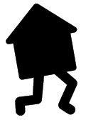 Simplified silhouette of a house with two legs in a running pose, representing concepts such as mobile housing, housing movement, or housing availability.