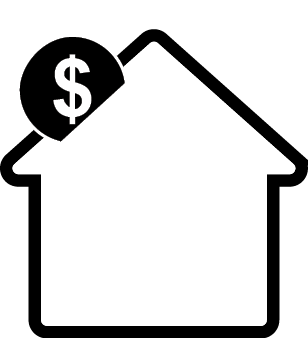 aktrends-apr25-05 Icon of a house with a dollar sign in a circle at the upper-left corner, symbolizing home affordability, mortgage, or housing costs.
