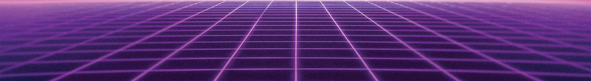 Purple gradient grid background with a glowing horizon, evoking a retro-futuristic, digital landscape.