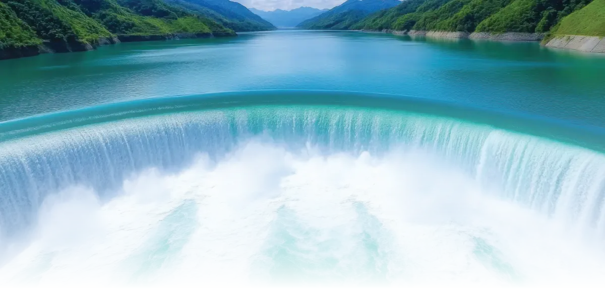 Adobe Stock digital photography image of a large curved majestic stunning waterfall which flows and cascades into a serene tranquil lake, surrounded by lush greenery and rocky terrain