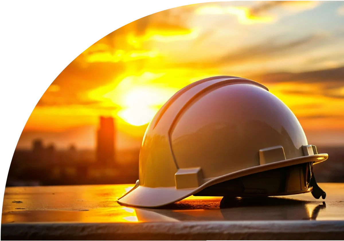 a hardhat sits against a background filled with an out of focus cityscape and a bright orange and yellow sunset