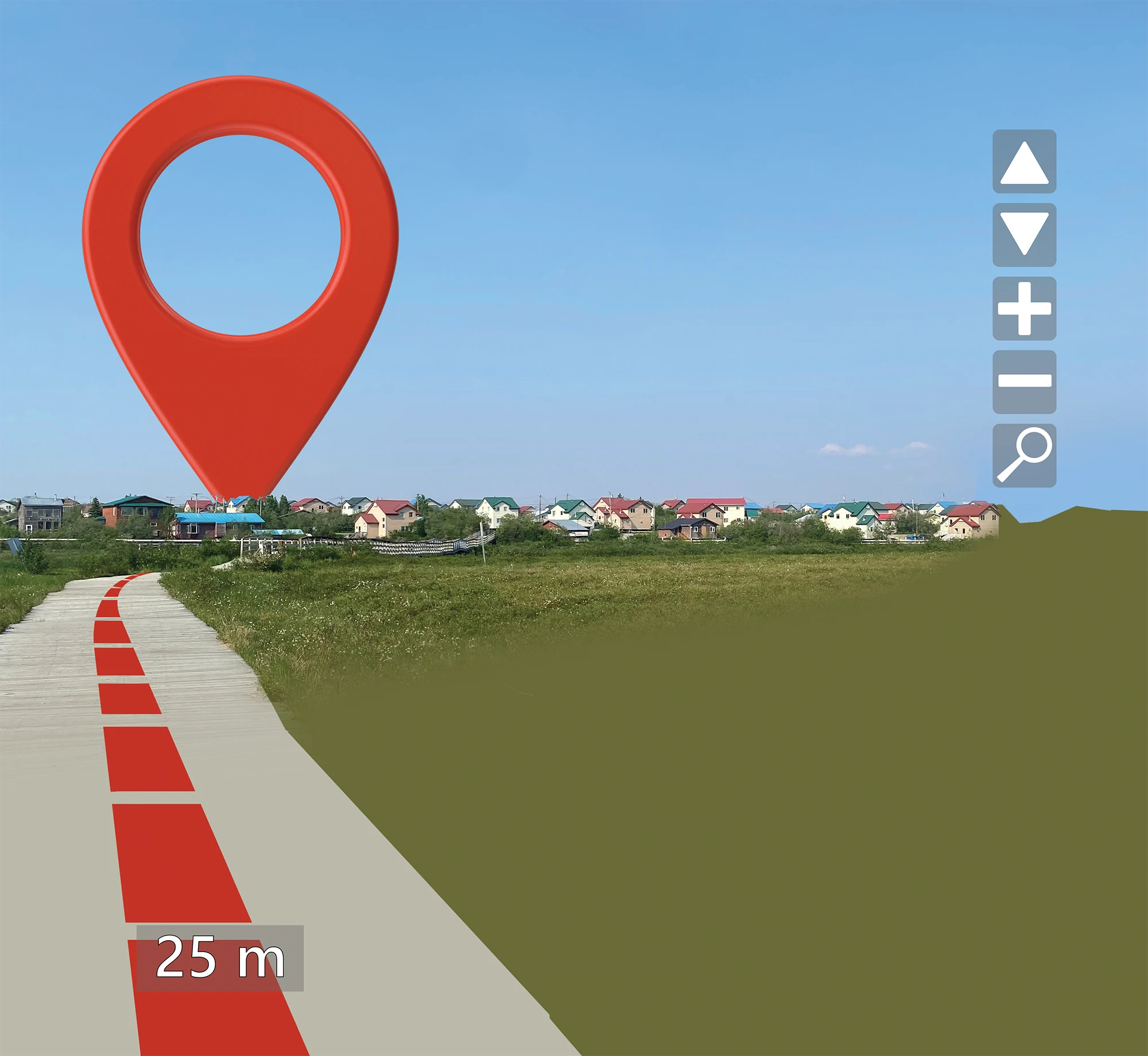 A large red location pin on a map-like view showing a road with markings, houses, and a green landscape under a blue sky, accompanied by navigation controls.
