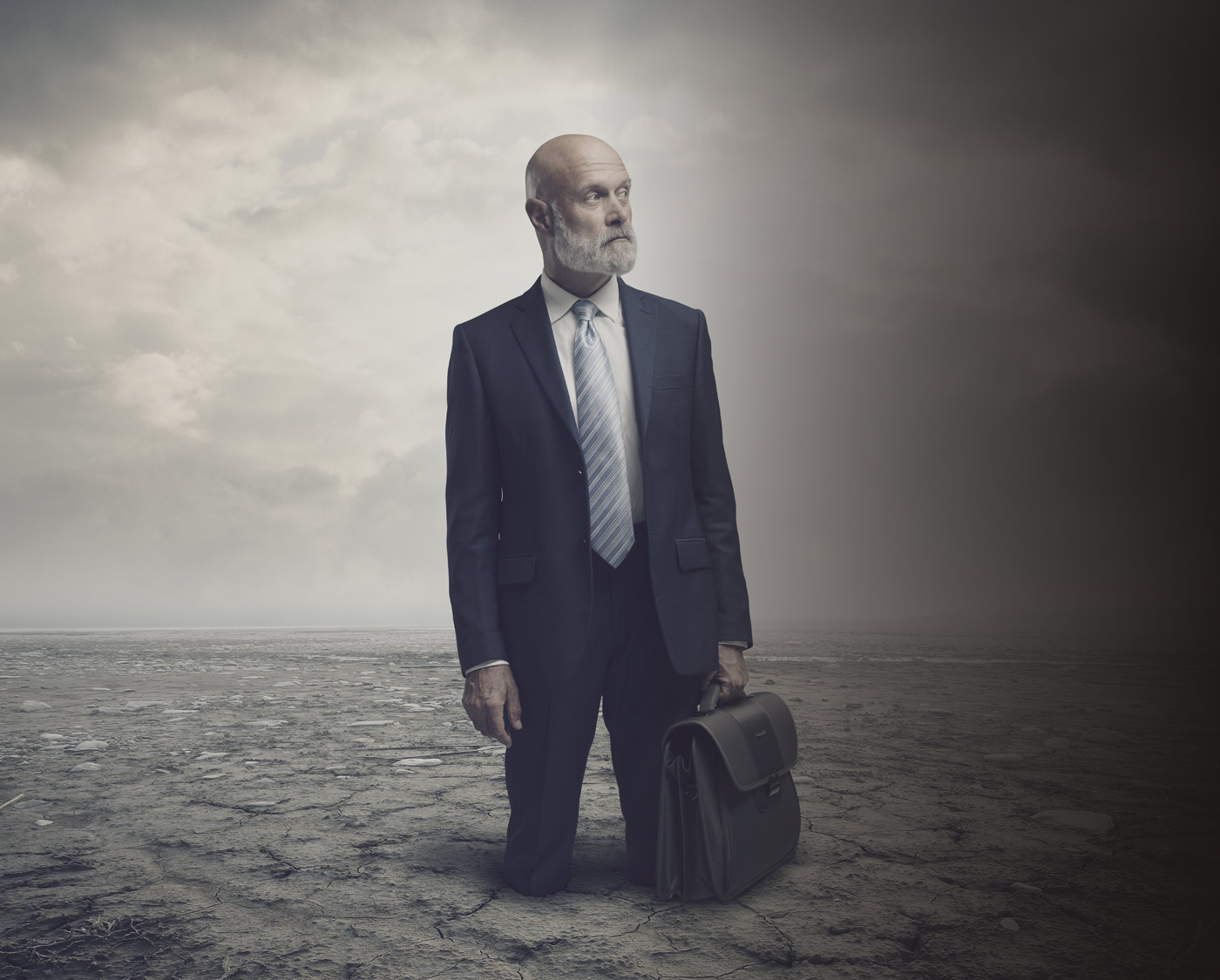 A man wearing a dark suit and a striped tie, stands in a desolate, cracked landscape holding a briefcase, looking off to the side under a dramatic, cloudy sky.