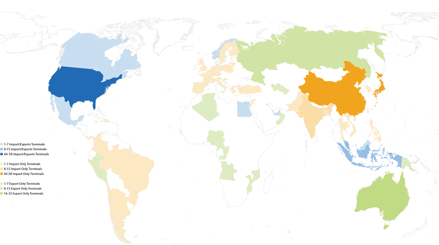 A world map highlighting the number of LNG (liquefied natural gas) terminals per country, categorized by import/export, import-only, and export-only terminals. The United States is shown in dark blue, indicating 44–50 import/export terminals, while China is highlighted in orange. A legend at the bottom left explains the color coding based on terminal type and quantity.