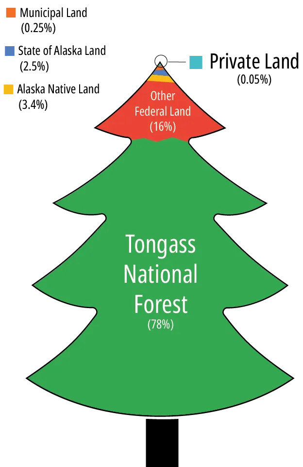 Infographic shaped like a Christmas tree showing land ownership in Southeast Alaska. The large green section labeled "Tongass National Forest (78%)" makes up most of the tree. A red section at the top labeled "Other Federal Land (16%)" is followed by very small segments representing Native, State, and Private land ownership.