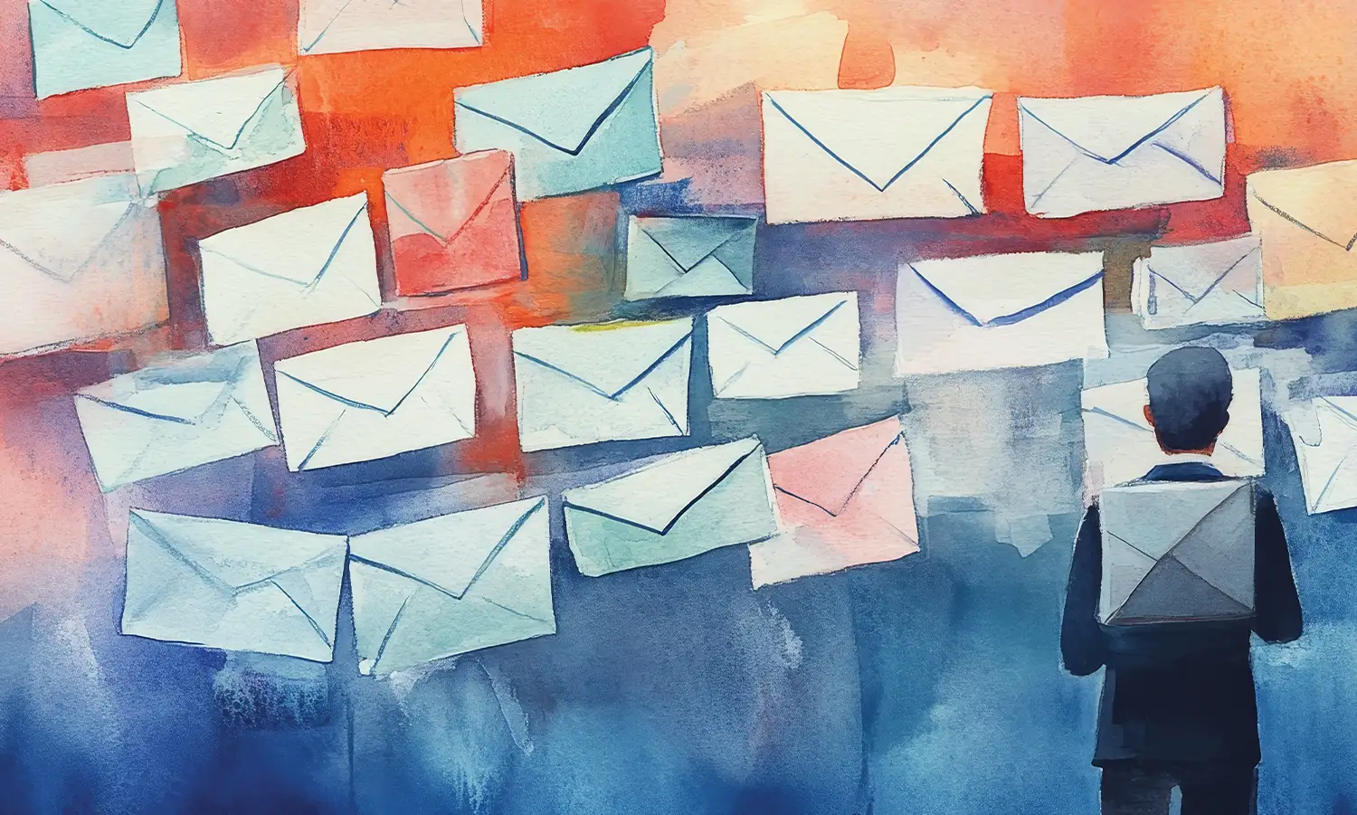 AI generated, watercolor-styled illustration of a businessman looking at envelopes