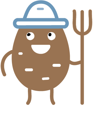 Cartoon illustration of a smiling brown potato character holding a pitchfork. The potato wears a blue hat and has simple eyes, mouth, and arms.