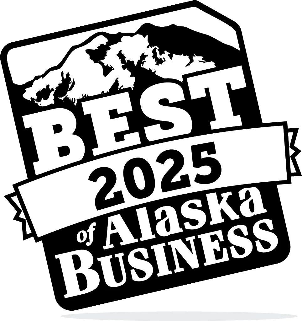 Black and white logo that reads “BEST 2025 of Alaska BUSINESS” with a stylized mountain graphic above the text.