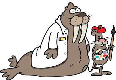 Cartoon of a walrus wearing a white lab coat sitting next to a small brown mouse dressed as an artist, holding a paintbrush and wearing a red beret with a color palette on its chest.