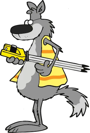 Cartoon of a gray wolf wearing a yellow construction vest, holding a yellow level tool and several white measuring rods under one arm.