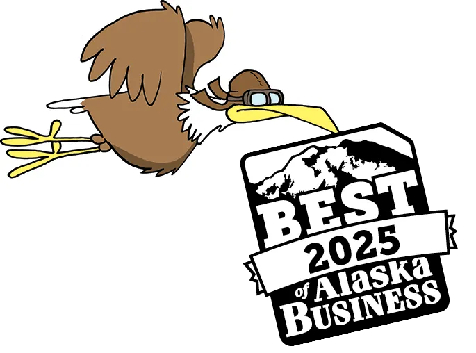 Cartoon of a brown bird flying while wearing aviator goggles and a leather cap. In the lower right is the black and white logo that reads “BEST 2025 of Alaska BUSINESS” with a mountain graphic.