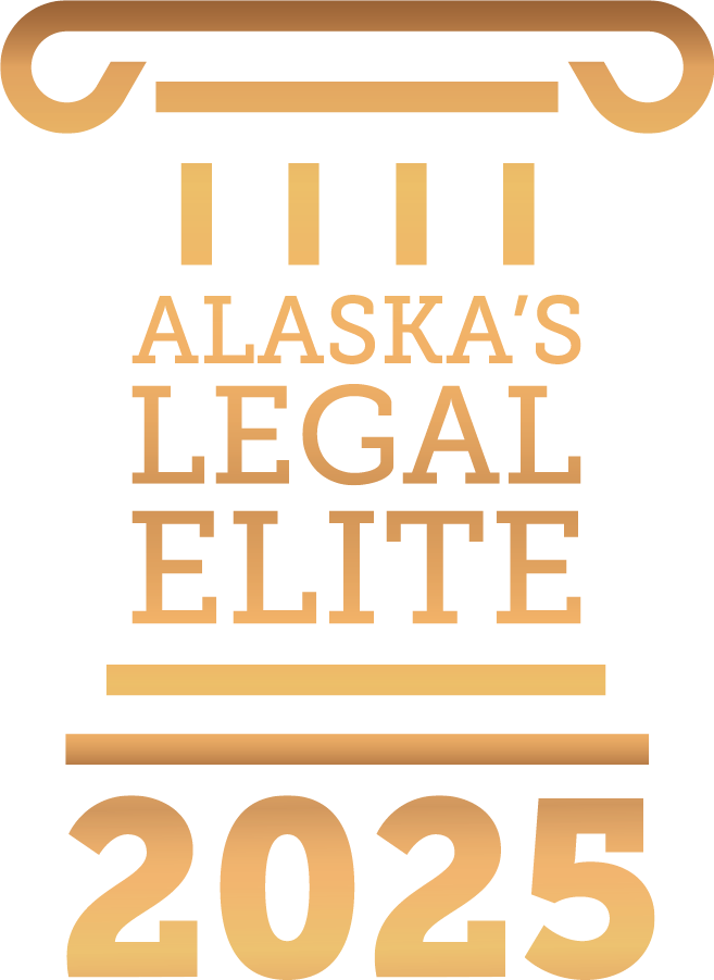 Gold graphic logo for “Alaska’s Legal Elite 2025,” featuring stylized column elements above and below the text. The design resembles a courthouse column and emphasizes prestige and professionalism.