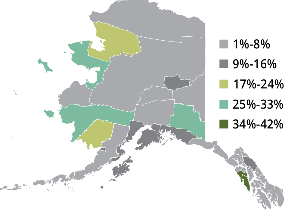 Map of Alaska showing the percentage of total employment in the nonprofit sector by region. Southeast Alaska has the highest concentration at 34–42%, with other regions ranging from 1% to 33%.