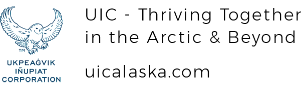 Logo and tagline for Ukpeaġvik Iñupiat Corporation (UIC), featuring a stylized blue owl with outstretched wings to the left of the text: “UIC – Thriving Together in the Arctic & Beyond.” Below is the website address: “uicalaska.com.”