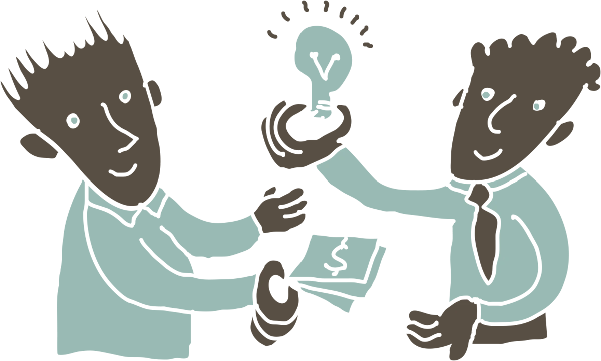 vector illustration of two businessmen showing off a lightbulb and cash