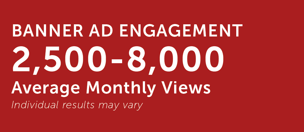 Dark red background with white text that reads “Banner Ad Engagement 2,500–8,000 Average Monthly Views. Individual results may vary.”