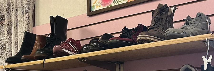 A horizontal view of a wooden shelf holding a variety of shoes and boots. The footwear ranges from tall black boots and short ankle boots to sneakers and hiking boots, all lined up against a light pink slat wall. A framed floral picture is visible on the wall above the shelf.