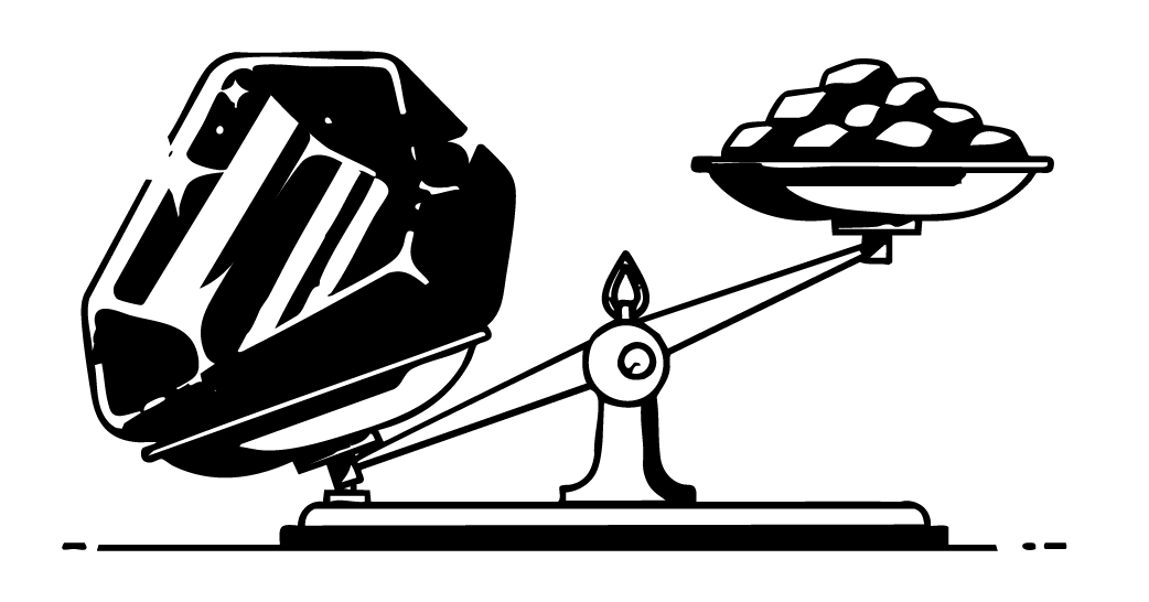 Black and white illustration of a scale with a large crystal on one side and a dish of smaller rocks on the other.