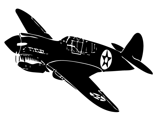 Black and white illustration of a military-style airplane with star insignia on the wings and fuselage.