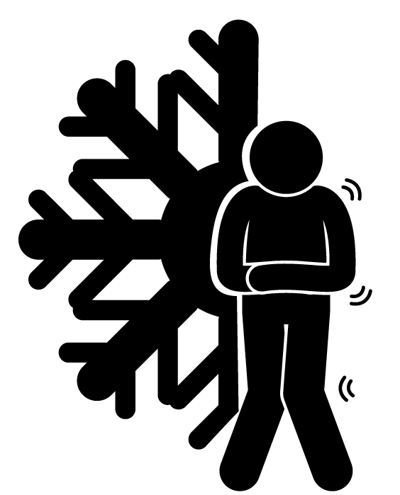 Black and white illustration of a stick figure shivering in front of a large snowflake, symbolizing cold.