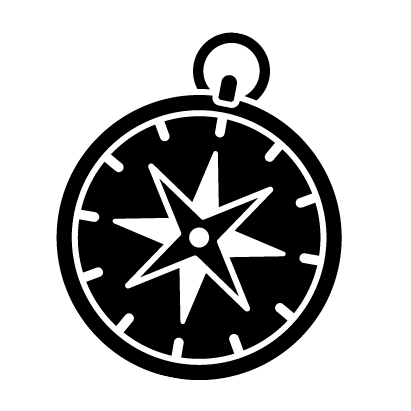 Black and white illustration of a compass with a bold star-shaped directional design.
