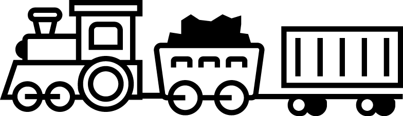 Black and white illustration of a train engine pulling a cart of rocks and a boxcar.