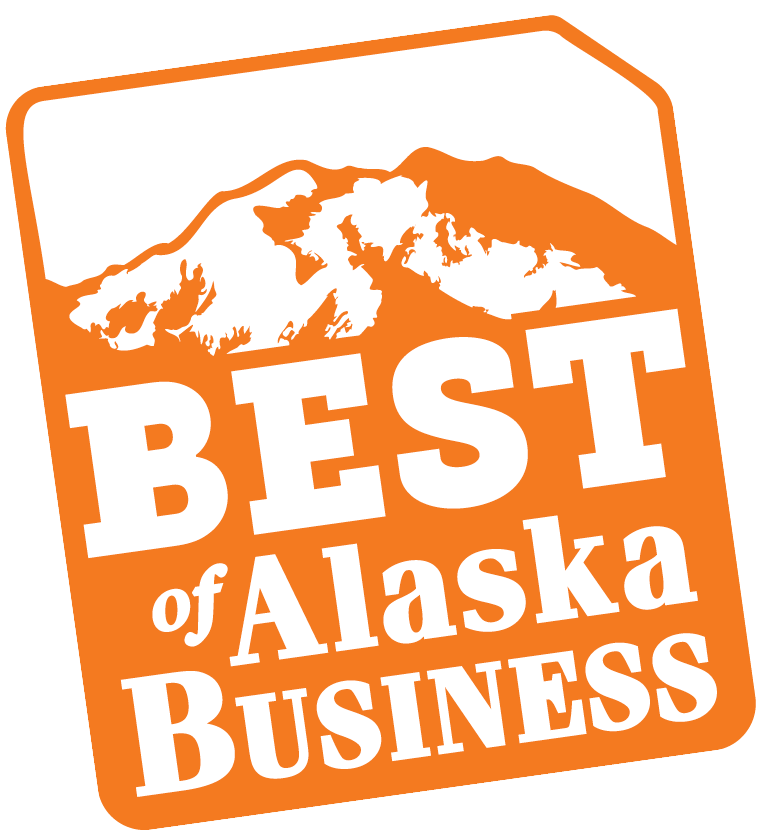 Logo for Best of Alaska Business featuring white text over an orange background with a mountain silhouette at the top.